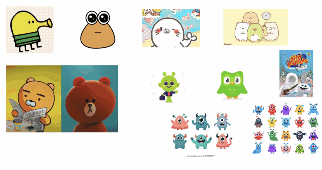 A reference board of cute character art collected as inspiration: the Doodle Jump alien, Pou, Sumikko Gurashi, Kakao Friends, the Duolingo owl, Tiny Planets, and sets of friendly one-eyed monster illustrations.