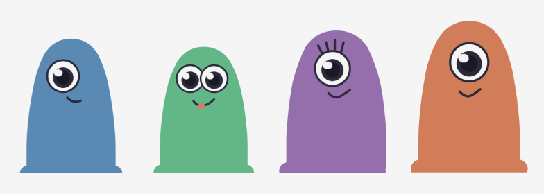 Four early aliens side by side, each a flat rounded shape in a single colour: blue, green, purple and orange.