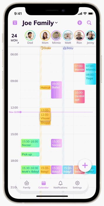 A shared family calendar app on a phone, with a row of family member avatars across the top and a day packed with colour-coded ballet, soccer, dentist and birthday entries.