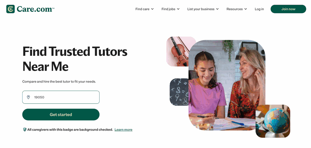 The Care.com website, headline Find Trusted Tutors Near Me, with a postcode field and a Get started button.