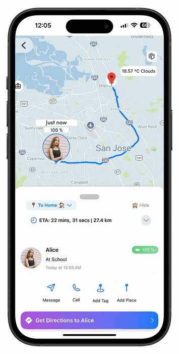 A family location-tracking app on a phone, showing a map with a family member pinned at school, her battery level, an ETA home and buttons to message or call her.