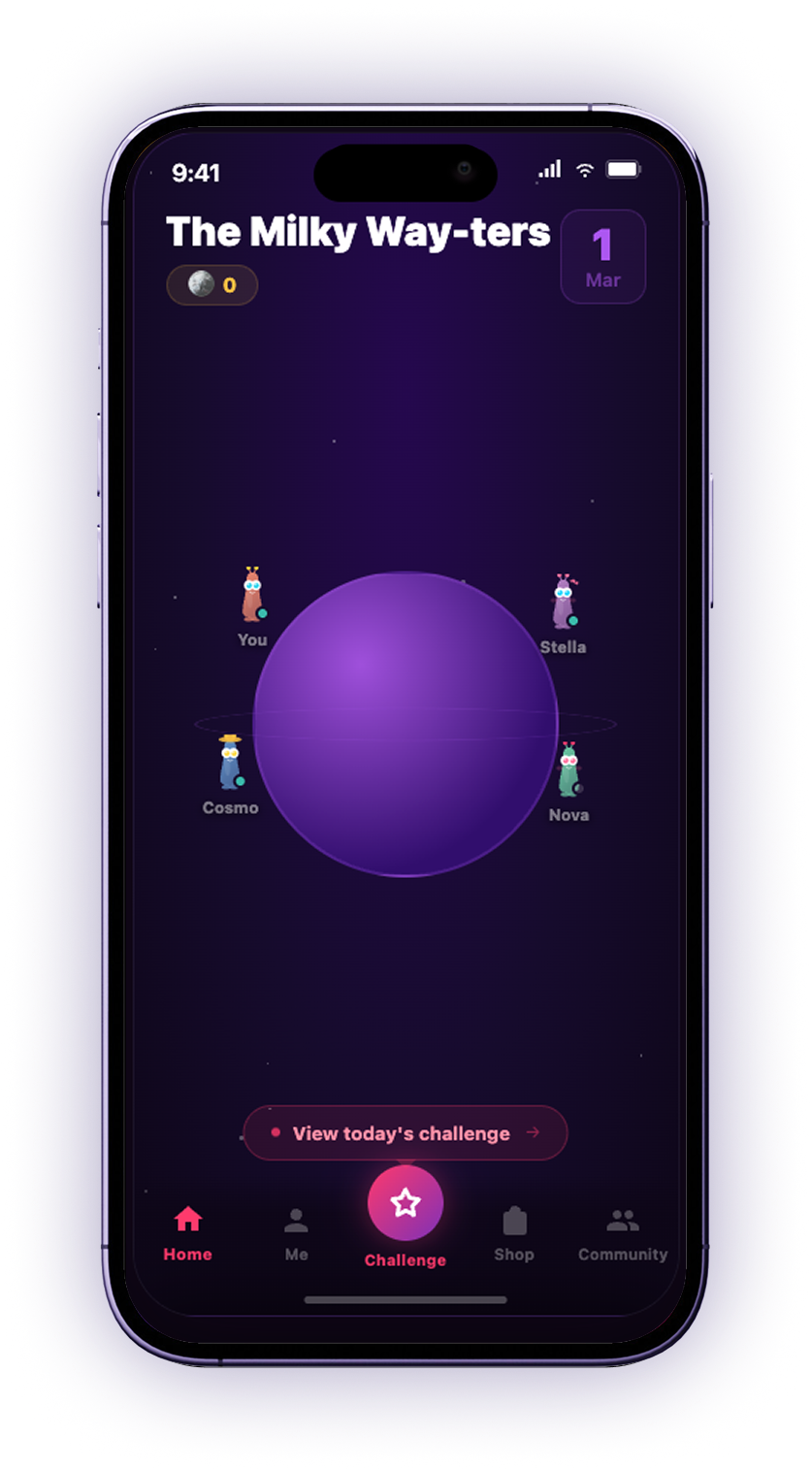 The family planet home screen, titled The Milky Way-ters, with You, Stella, Cosmo and Nova orbiting the planet and a button to view today's challenge