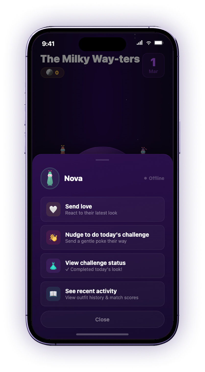A family member's sheet on the planet, showing Nova offline with options to send love, nudge them to do today's challenge, view their challenge status, or see recent activity