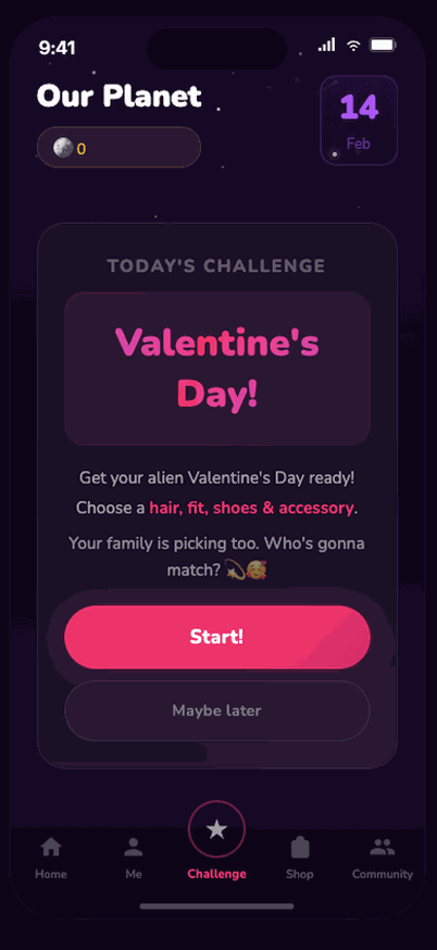 The final version, higher contrast, a solid pink call to action, and a legible navigation bar with labels.