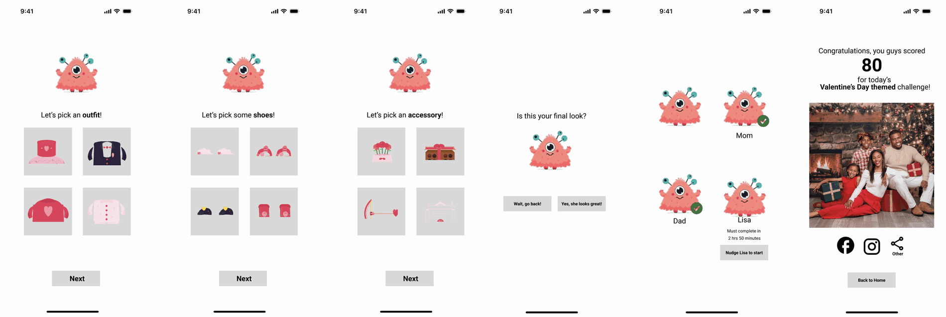 Six lo-fi screens in a row: picking an outfit, shoes and an accessory, confirming your final look, the family grid showing who has completed the challenge with a nudge button, and the results screen with a score of 80 and a shareable family photo.