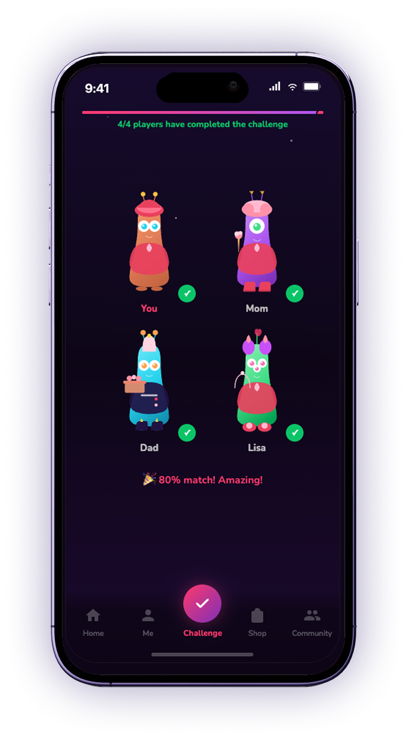 The full reveal: 4 of 4 players have completed the challenge, every alien's look now visible, and an 80% match result