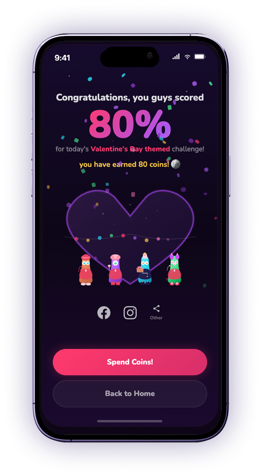 The results screen: Congratulations, you guys scored 80% for today's Valentine's Day themed challenge, 80 coins earned, the four aliens inside a heart, and buttons to share to Facebook, Instagram or elsewhere