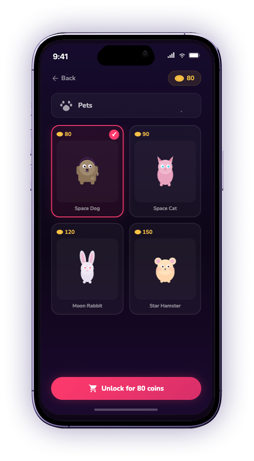 The pets category, showing Space Dog, Space Cat, Moon Rabbit and Star Hamster with their coin prices, and an unlock button