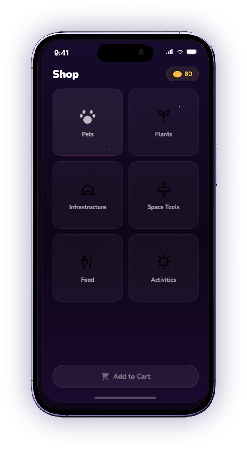 The shop, with categories for pets, plants, infrastructure, space tools, food and activities