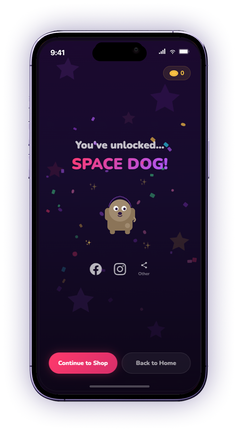 The unlock celebration screen for Space Dog, with confetti and buttons to continue to the shop or head back home