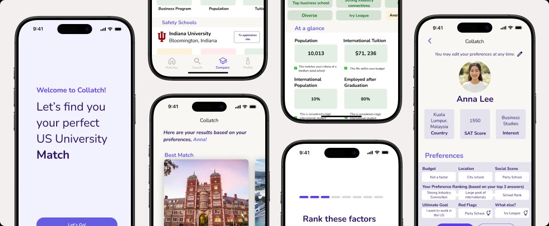 Collatch app screens showing welcome, match results, school details, and preferences views