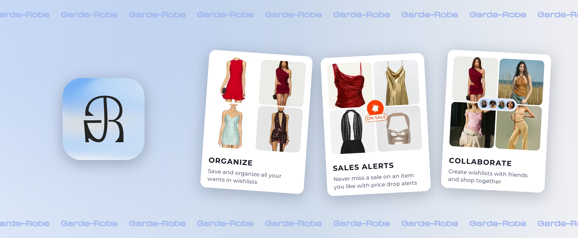 Three Garde-Robe prototype screens: closet sync onboarding, the curated discovery feed, and shared wishlists