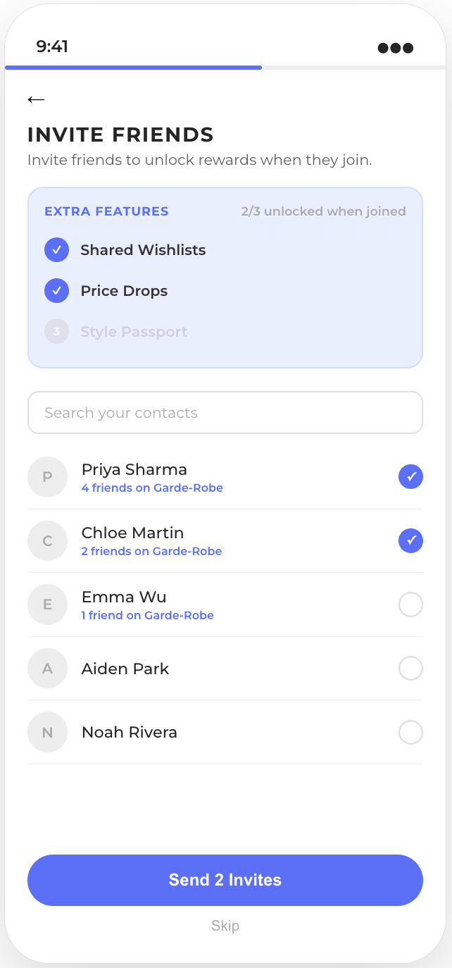 Invite friends screen with tiered referral unlocks