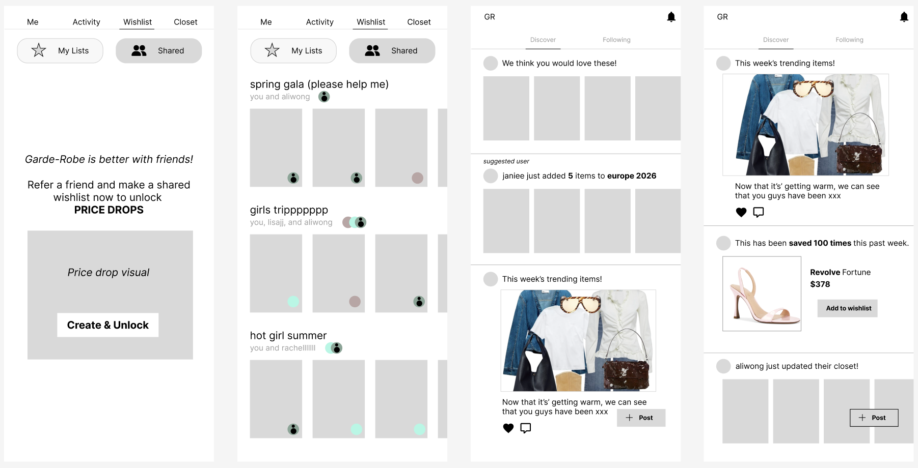 Lo-fidelity Figma wireframes of the shared wishlist and feed screens