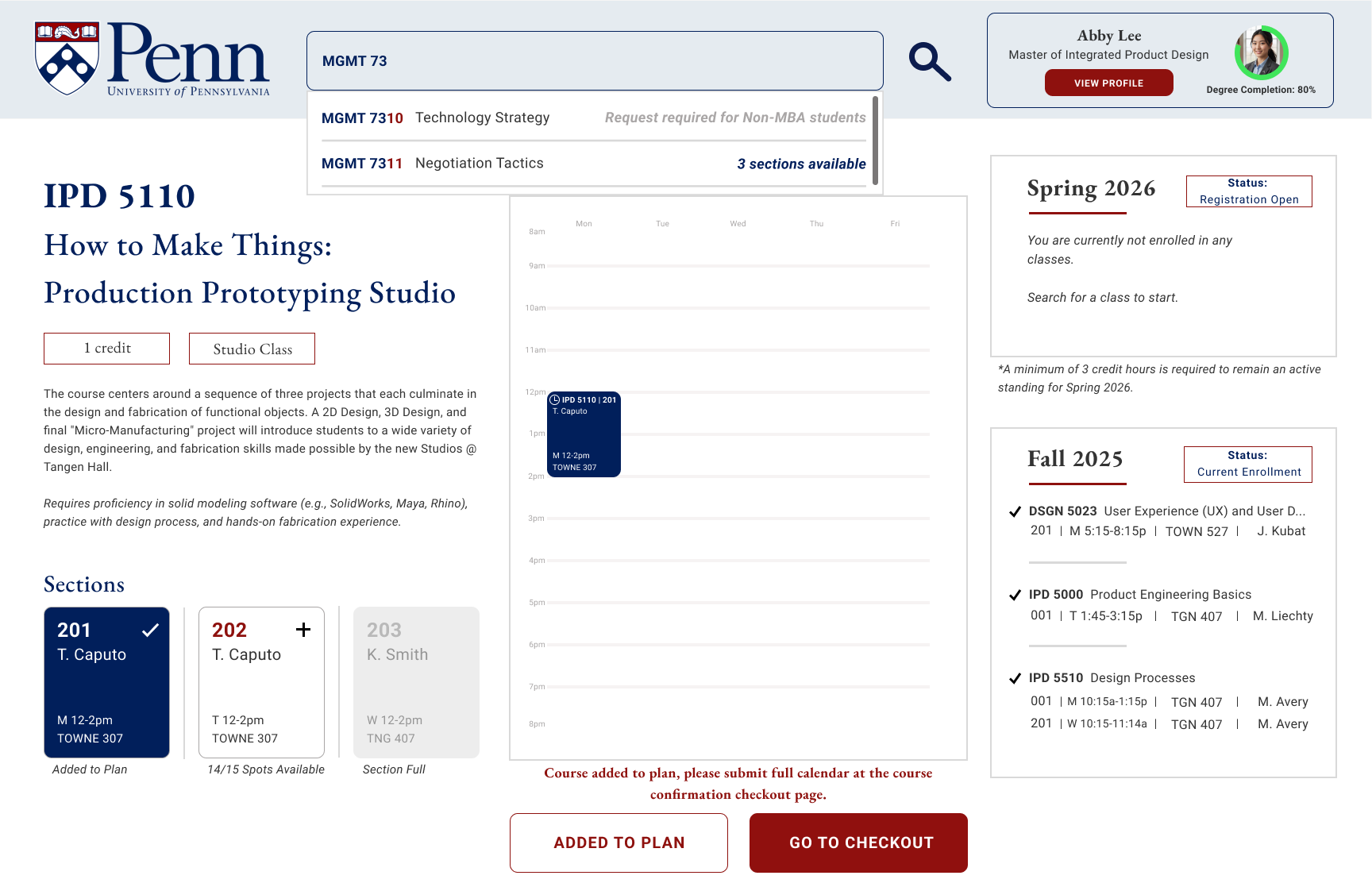 Course listing screen