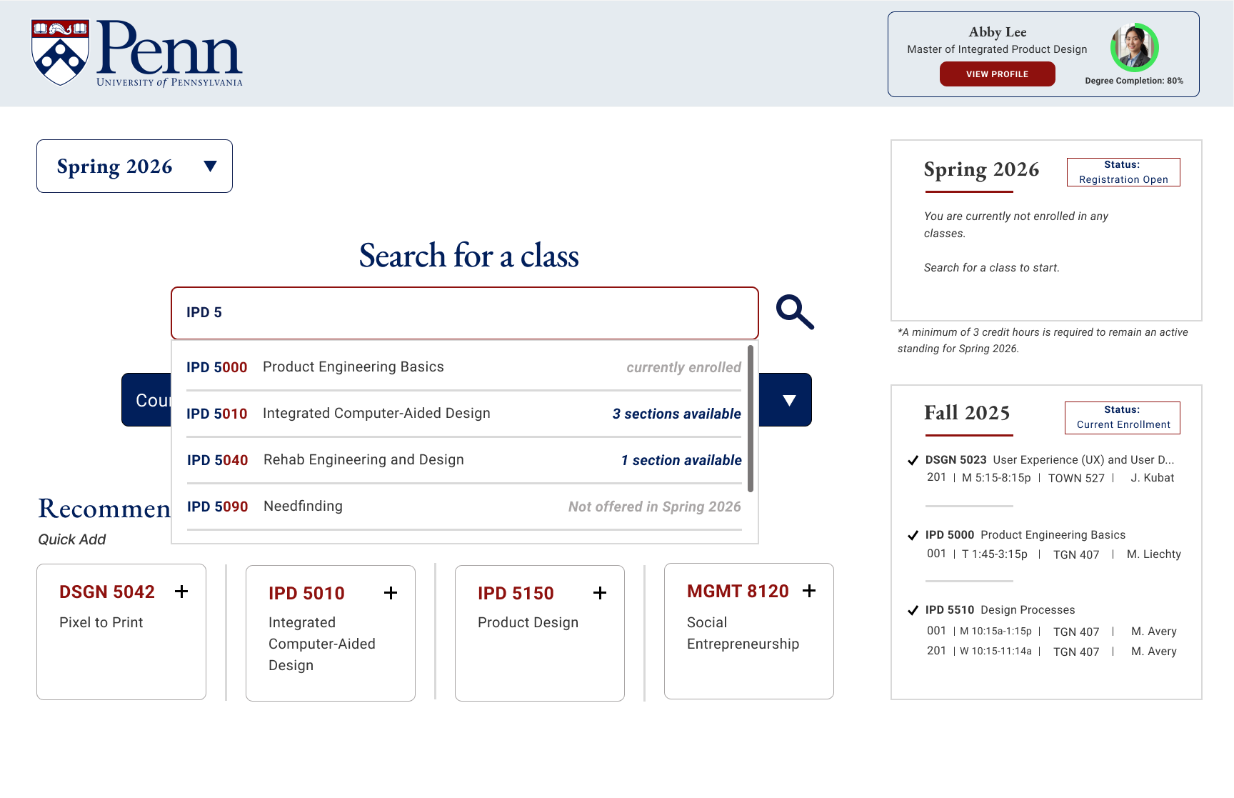 Course search and availability screens