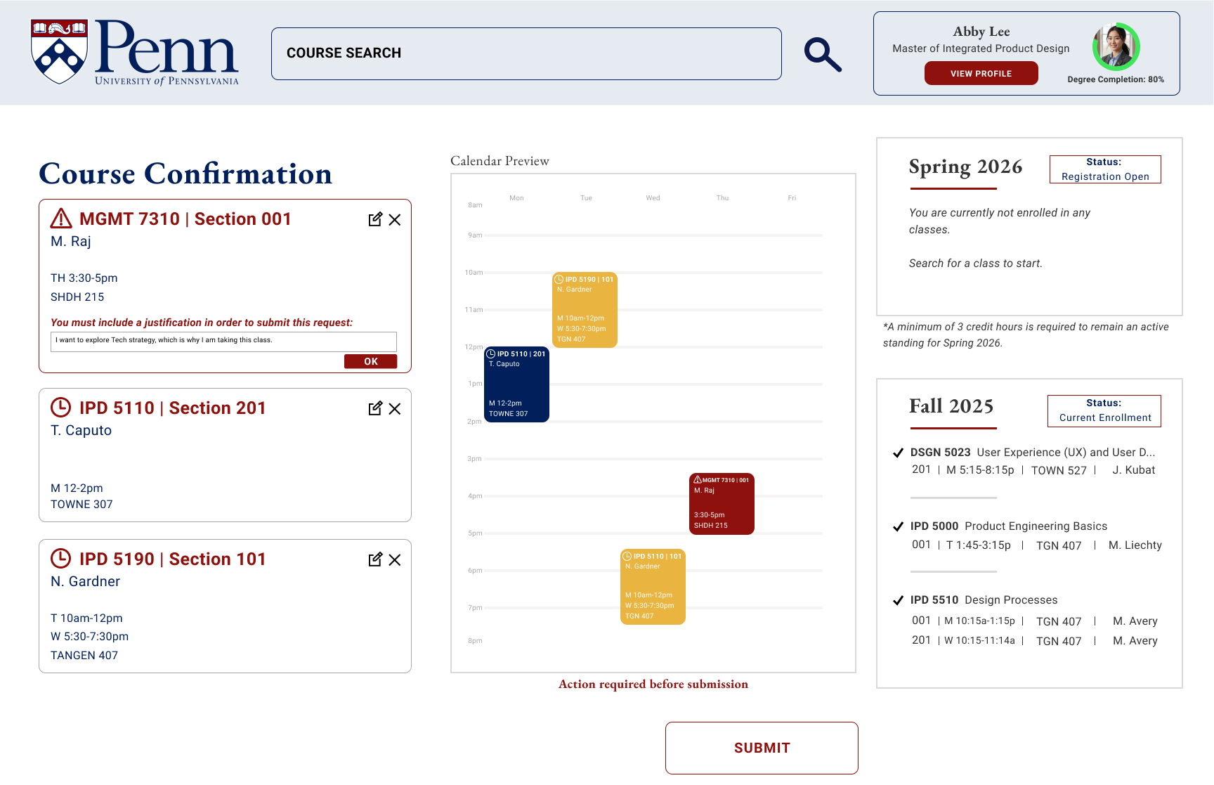 Course confirmation — justification screen